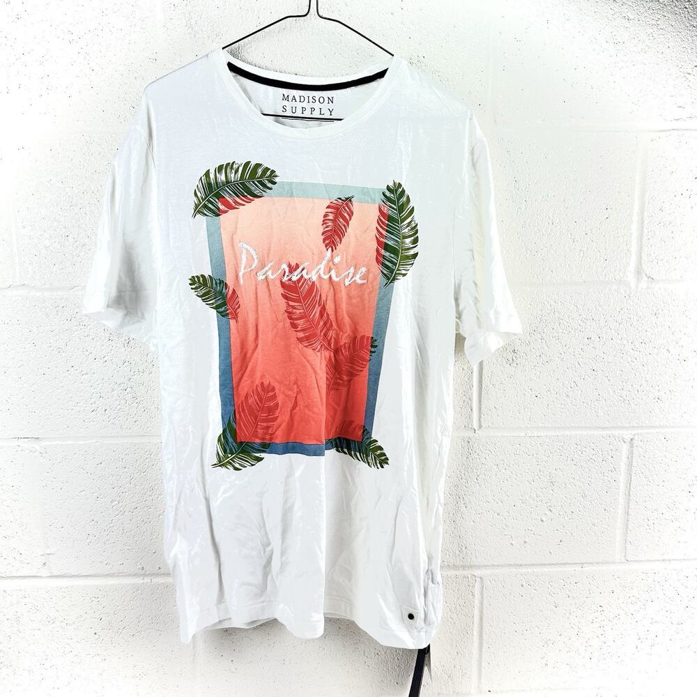 NWT Men's Large Madison Supply White T Shirt, Paradise Embroidery, Print